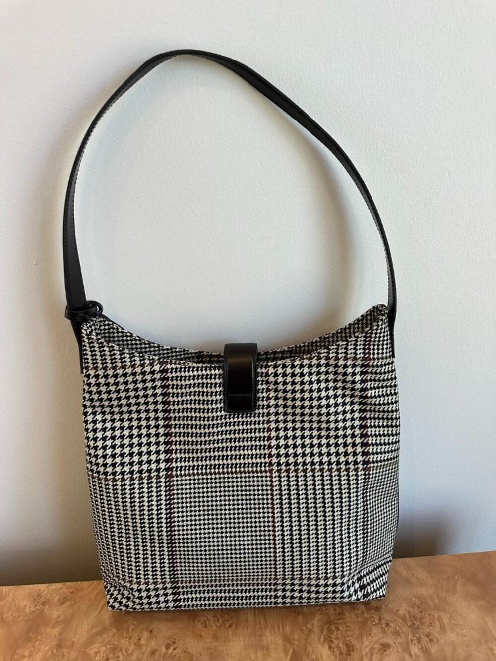 Lauren Ralph Lauren Houndstooth Plaid Shoulder Bag Tan Brown Leather - Picture 5 of 6